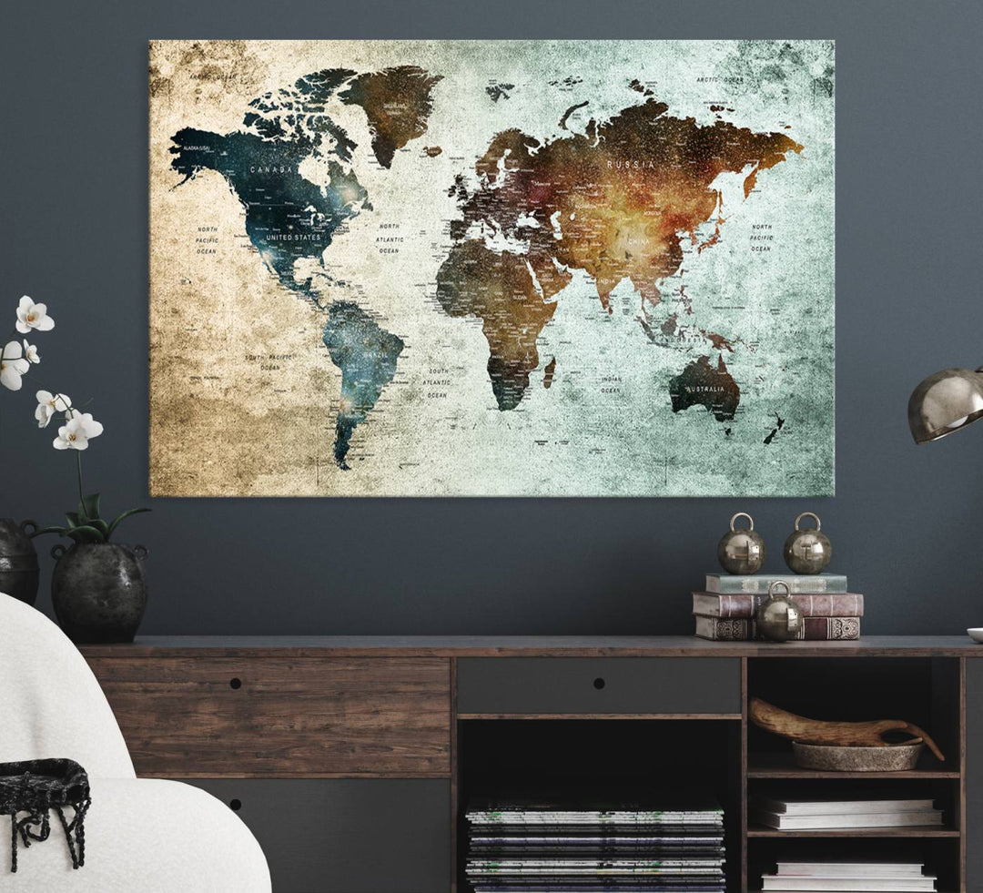 The Push Pin World Map Canvas Print serves as an ideal piece of wall art for travel lovers, showcasing vibrant colors and intricate details.