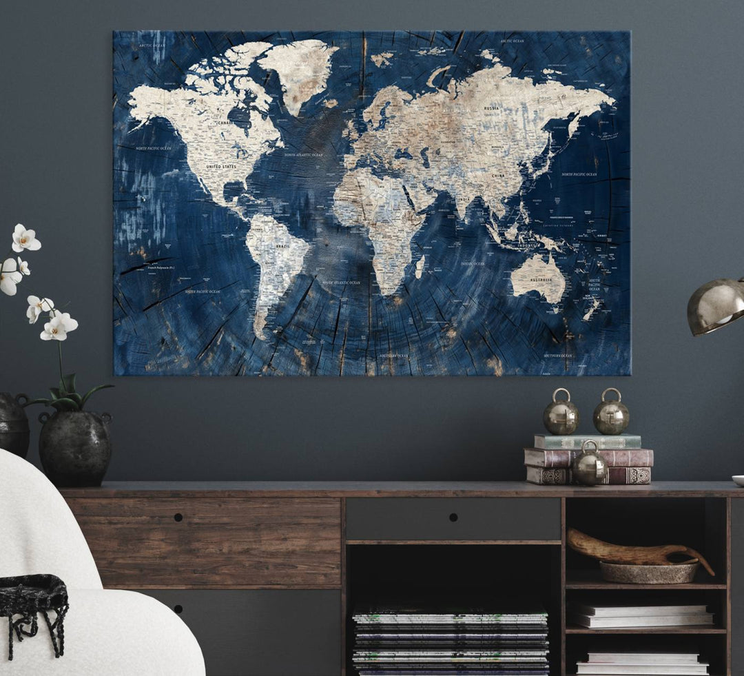 Rustic World Map Wall Art Canvas Print | Large World Map on Wood Texture, Vintage Blue World Map Print