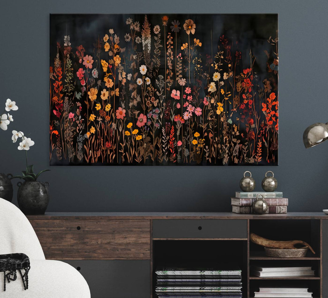 A large wildflower painting print on canvas featuring a colorful floral illustration, perfect as botanical decor for a stylish home.