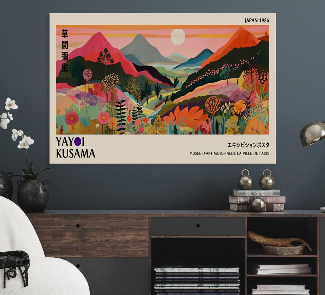 A vibrant abstract landscape by Yayoi Kusama adorns a Wabi Sabi ready-to-hang canvas print, featuring mountains and flowers.