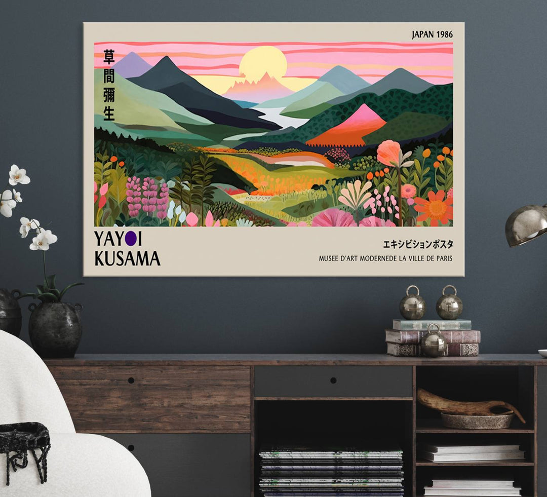 Vibrant abstract landscape canvas with mountains and fields, titled Yayoi Kusama 1986 Wall Art Print.