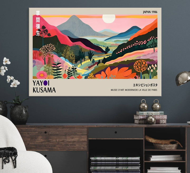 Vibrant abstract landscape canvas inspired by Yayoi Kusama, featuring mountains, trees, and flowers in a triptych style.