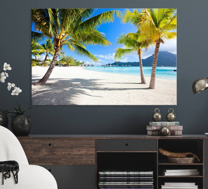 Blue Beach and Sea Wall Art Canvas Print: showcases a tropical scene with palm trees, white sand, and turquoise water.