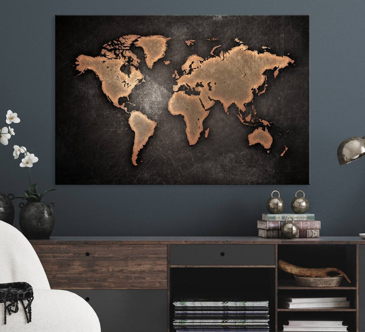 The Modern World Map on a metallic black canvas creates a striking effect.