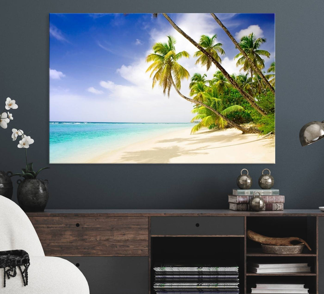 Tropical Beach Canvas: Palm Trees & White Sand Shore Decor, Vibrant Coastal Print, Ready to Hang.