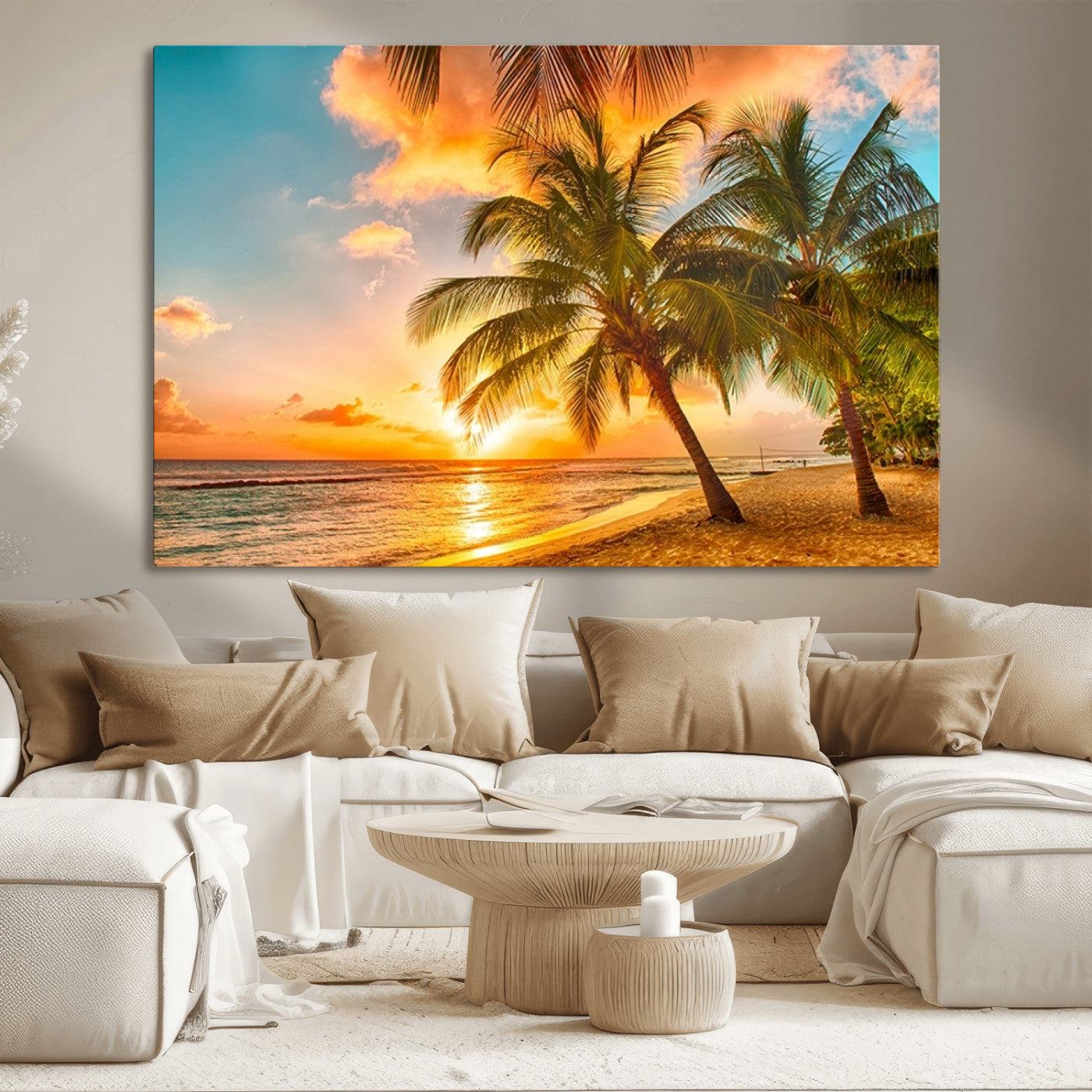 MGV-CV-36X24 - Tropical Sunset Beach Canvas Wall Art Print – Vibrant Palm Trees and Coastal Sunset Wall Decor for