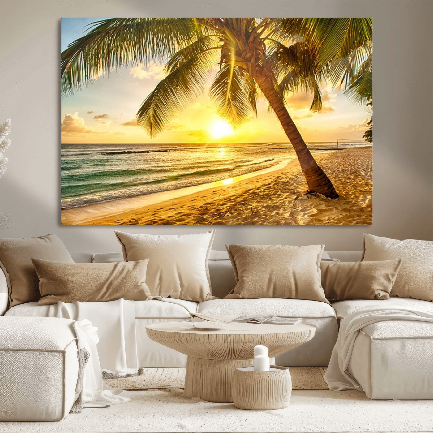 MGV-CV-36X24 - Beach Sunset Canvas Wall Art Print - Tropical Beach Canvas Wall Art Print – Vibrant Palm Trees and