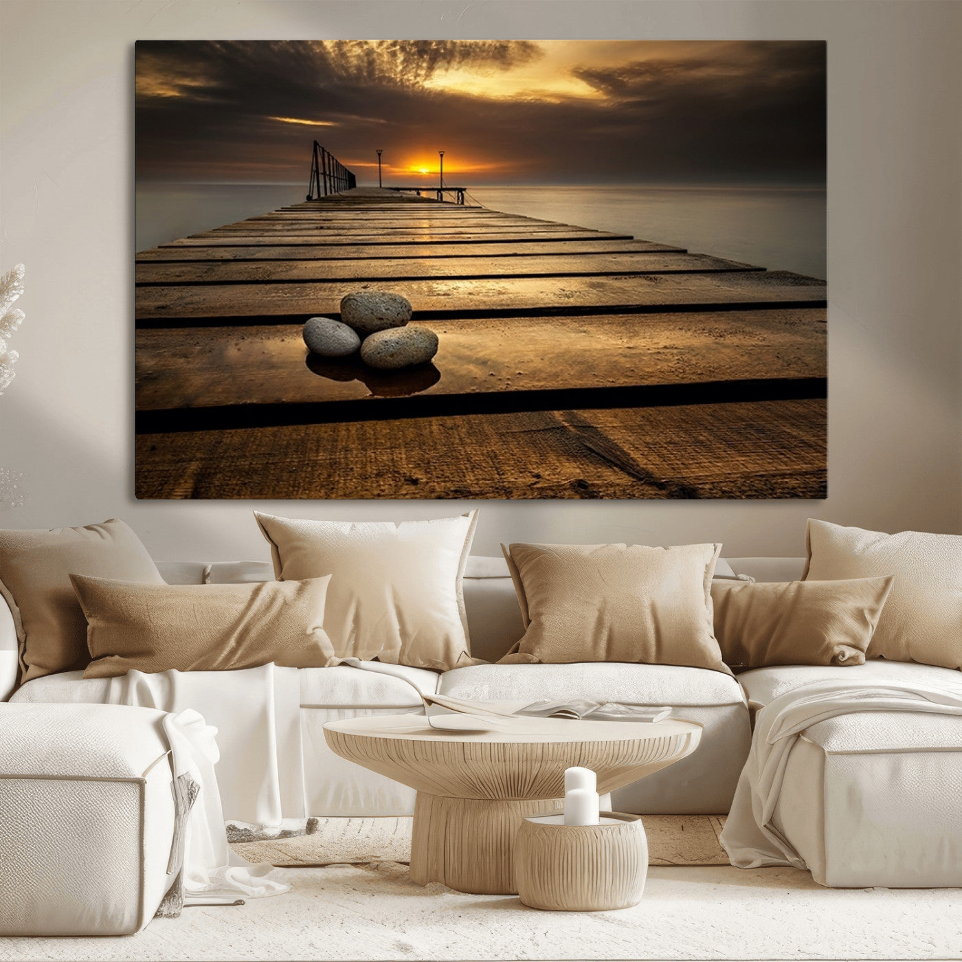 MGV-CV-36X24 - Stones on Wooden Pier at Sunset Canvas Print, Serene Coastal Wall Art, Beach Sunset Photography,