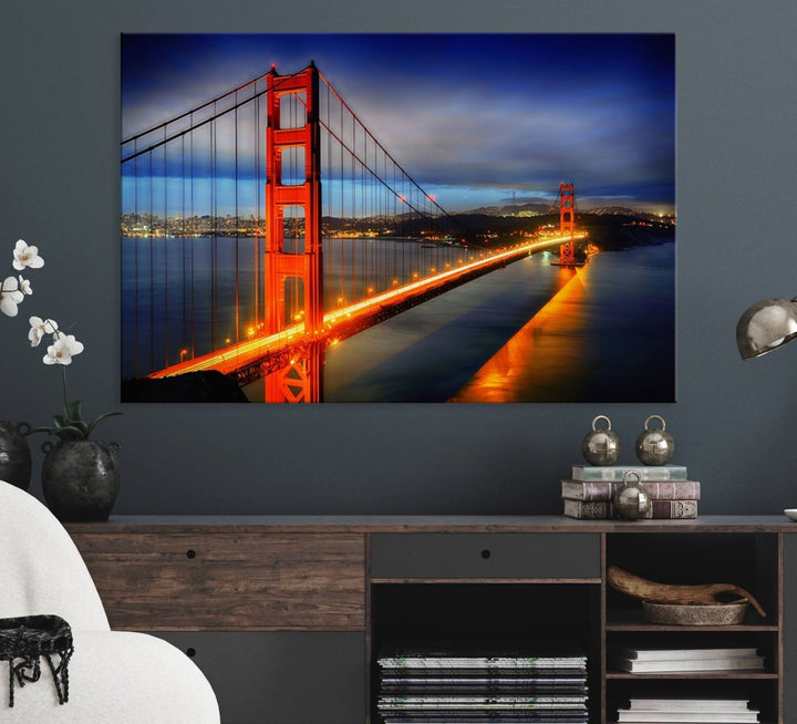 A large wall art San Francisco canvas print of the Golden Gate Bridge at twilight is displayed on a porch.