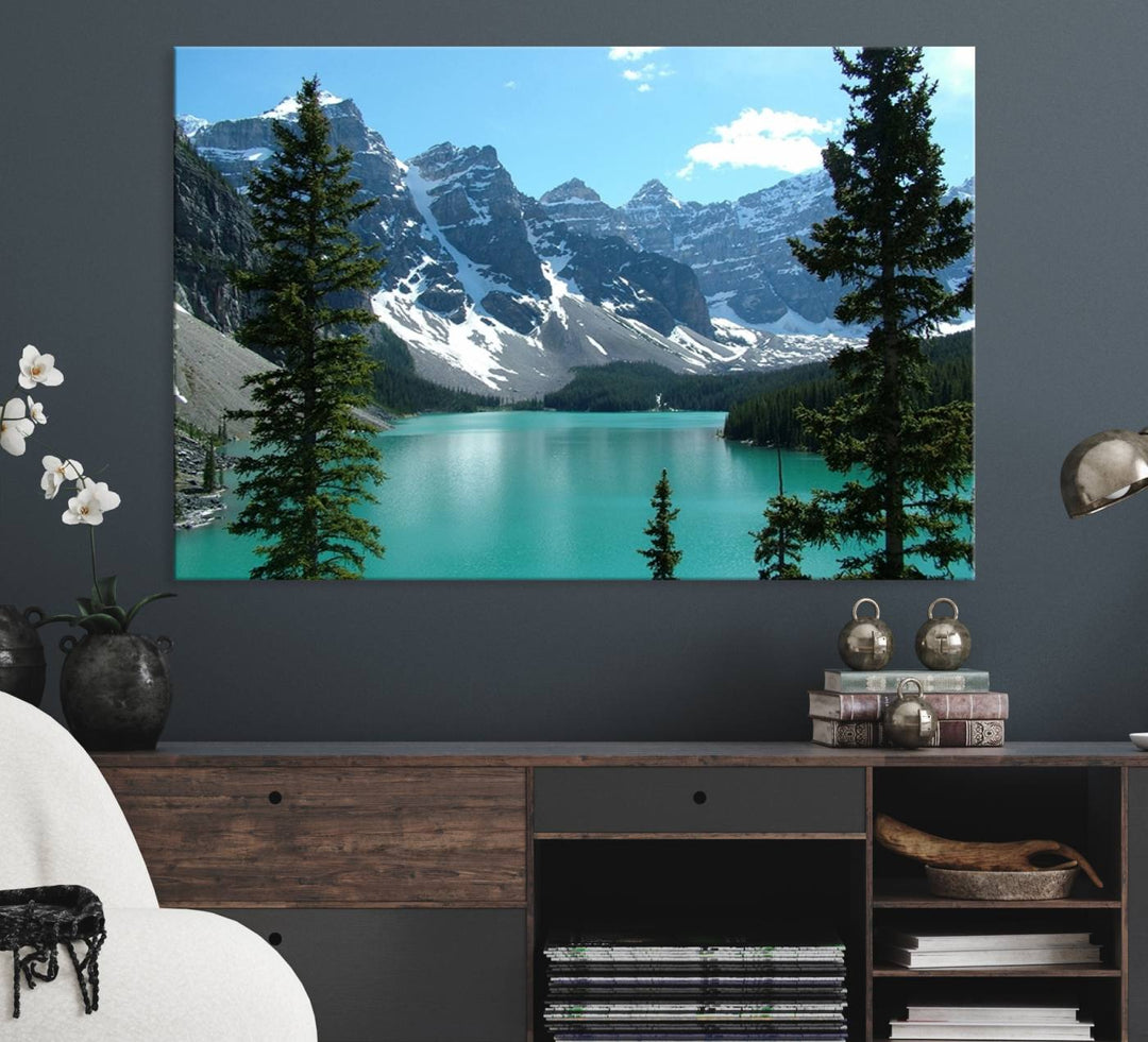 Canadian Rockies Moraine Lake Landscape Canvas Print showcasing a turquoise lake and mountain view.