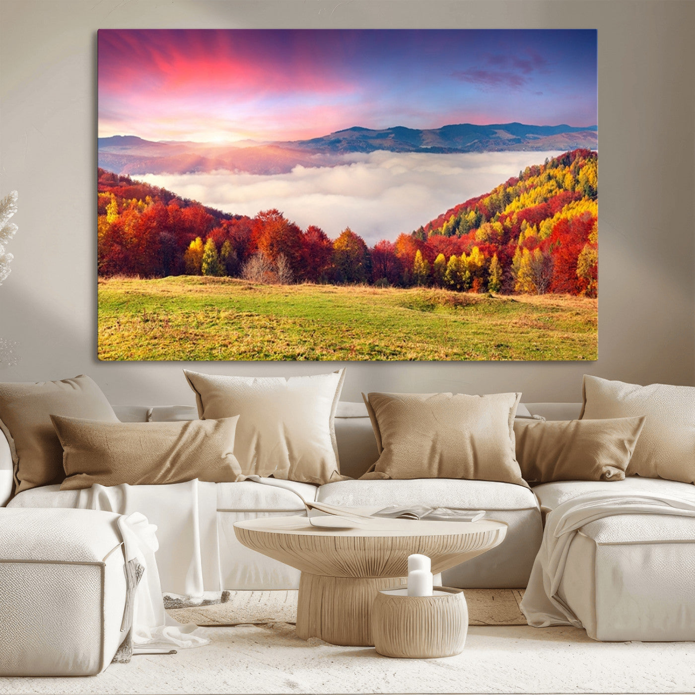 MGV-CV-36X24 - Autumn Mountain Foggy Landscape Wall Art Canvas Print | Beautiful Forest Canvas Print | Misty