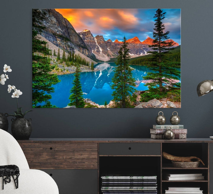 A kitchen featuring a Canadian Rockies Moraine Lake Wall Art Canvas Print displayed on the wall.