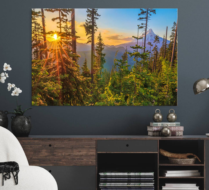 The kitchen features a Red Leaves on Trees landscape canvas print, perfect for nature lovers.