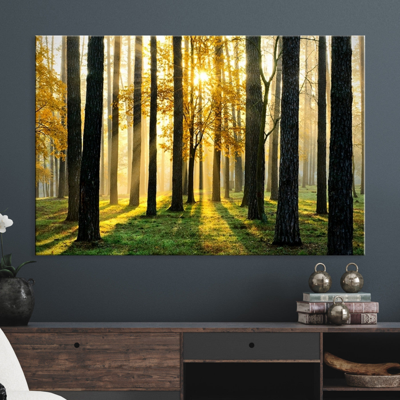 60024-MGV-CV-36X24-Sunlit Forest Wall Art Canvas Print - Large Framed Woodland Wall Art for Home or Office Decor, Rustic Nature Scene with Golden Light