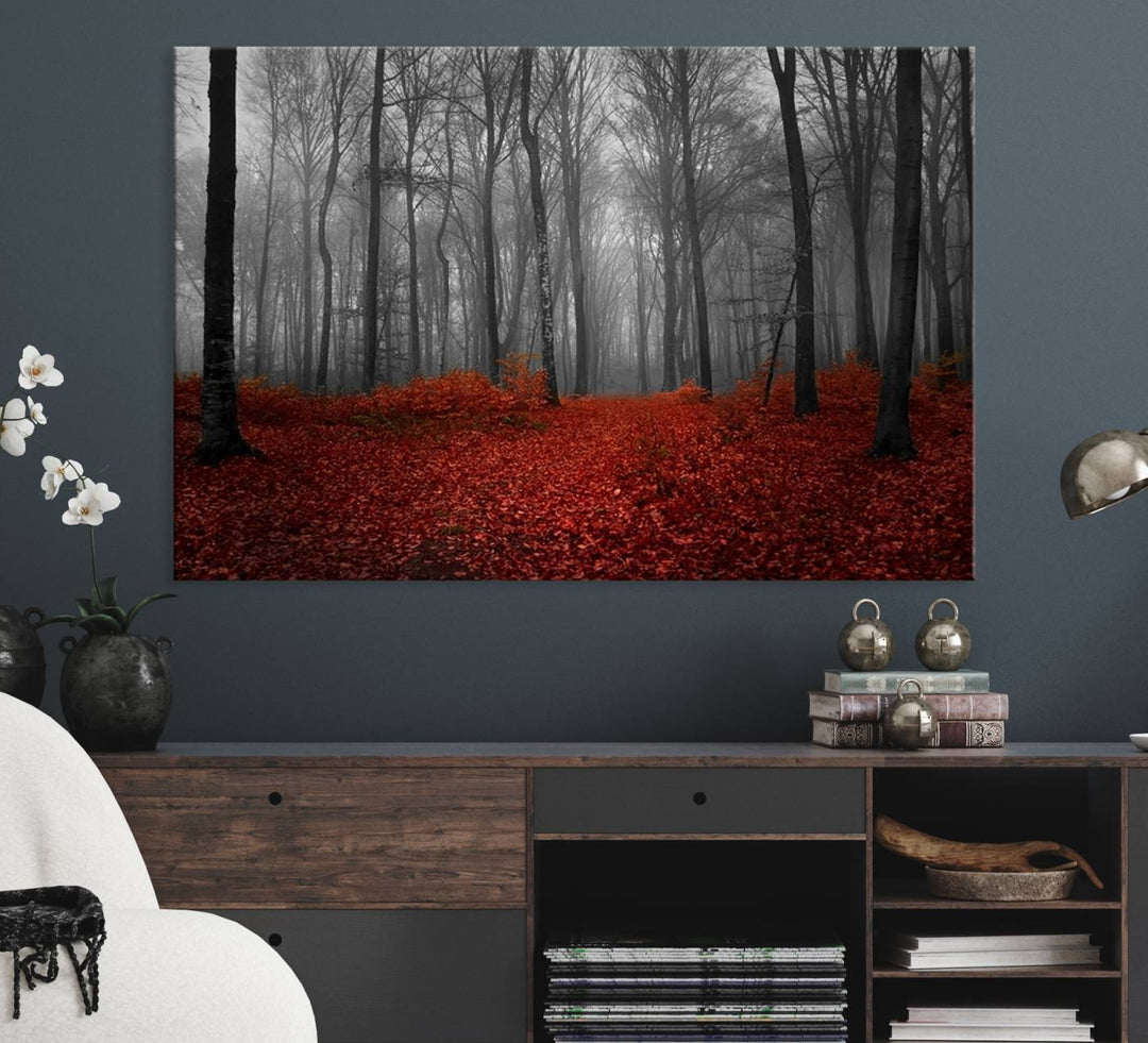 A large, museum-quality canvas print titled Wonderful Forest with Red Leaves.