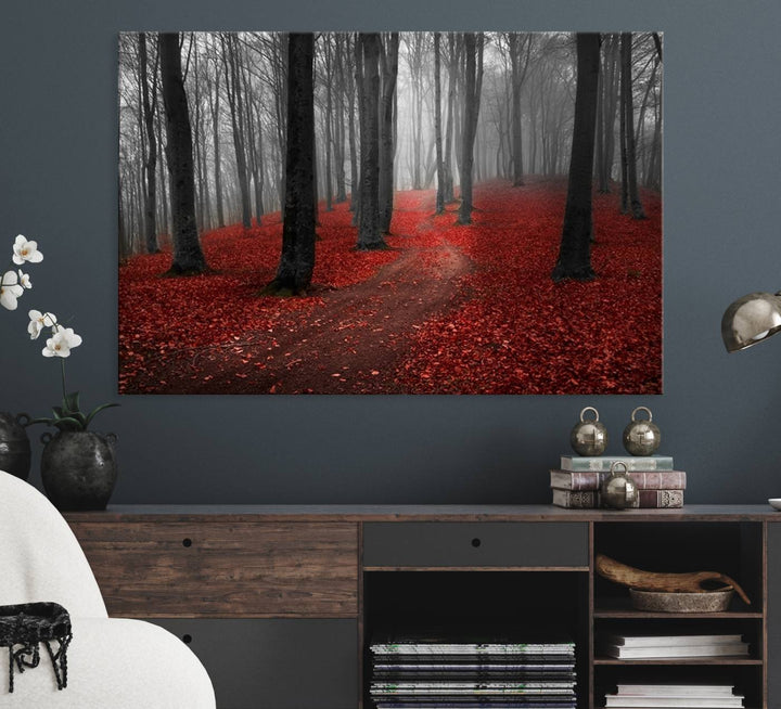 Wonderful Forest artwork: Triptych with red leaves, ideal for nature lovers.