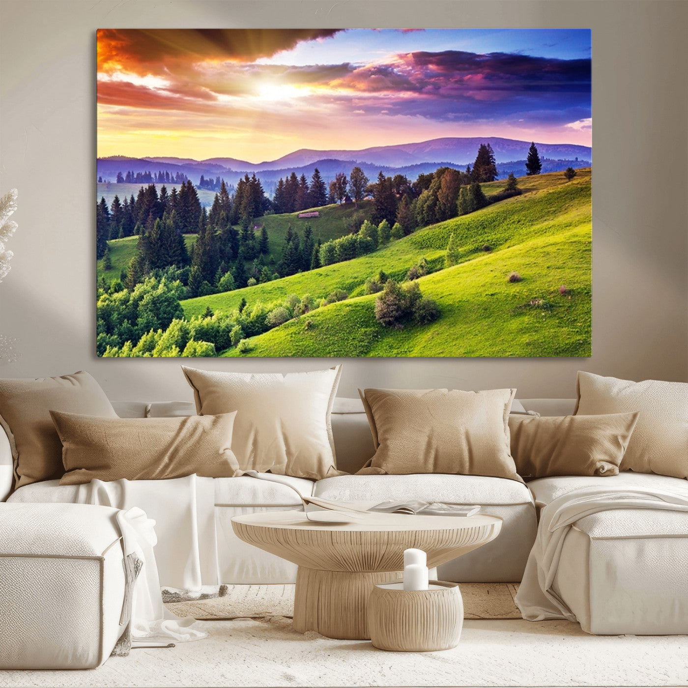 MGV-CV-36X24 - Green Hills and Sunset Wall Art Print - Scenic Landscape with Lush Greenery and Vibrant Sky, Ready