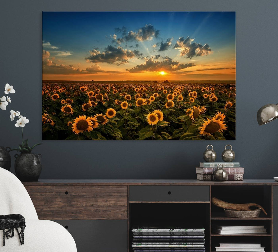 The dining area features the Sunflower Field Sunset Wall Art Canvas Print.