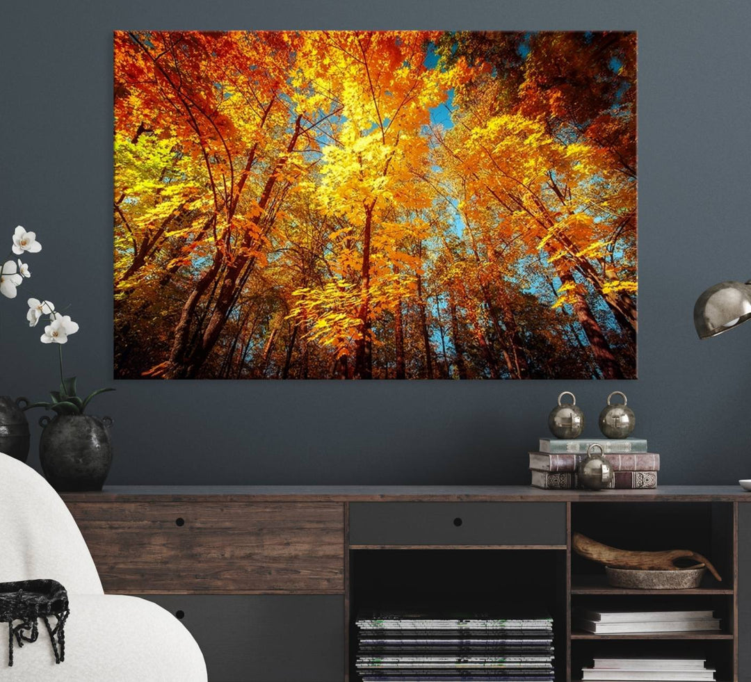 Forest View at Fall Wall Art hangs prominently, showcasing its beauty.