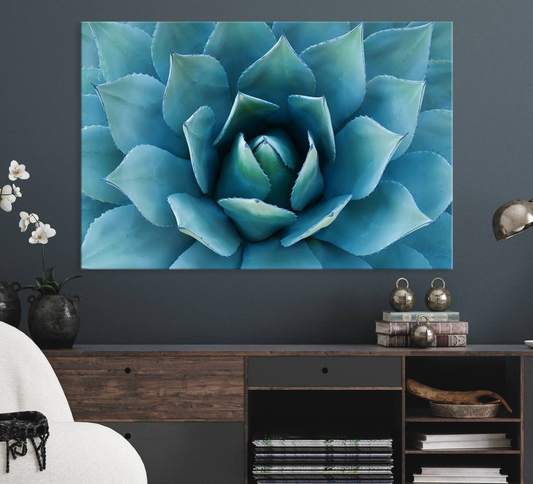 The Large Agave Succulent Canvas Wall Art is displayed on the wall.