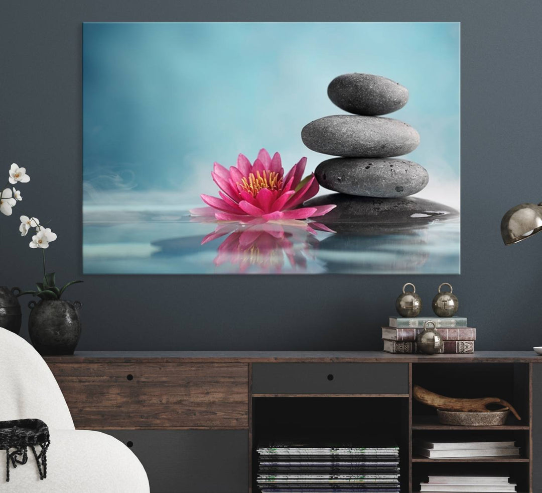 The dining room features a Zen Serenity Triptych wall art, showcasing a calming depiction of lotus flowers and balancing stones.