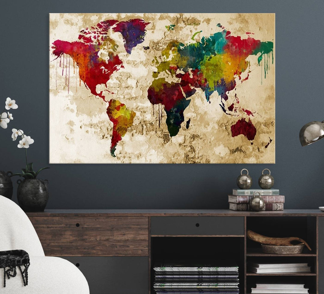 Wall Art World Map Canvas Print Rainbow Colored Vintage Style World Map