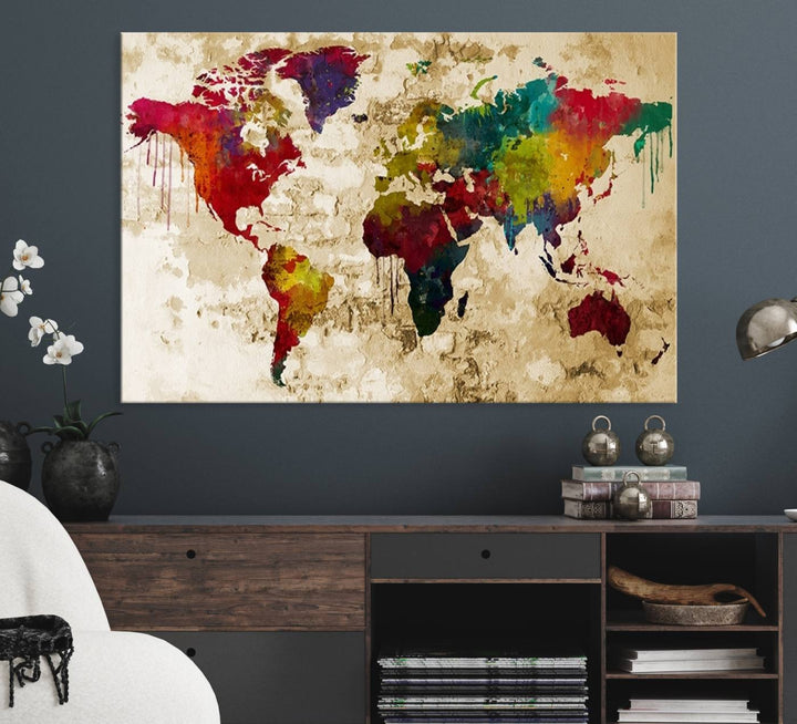 Wall Art World Map Canvas Print Rainbow Colored Vintage Style World Map