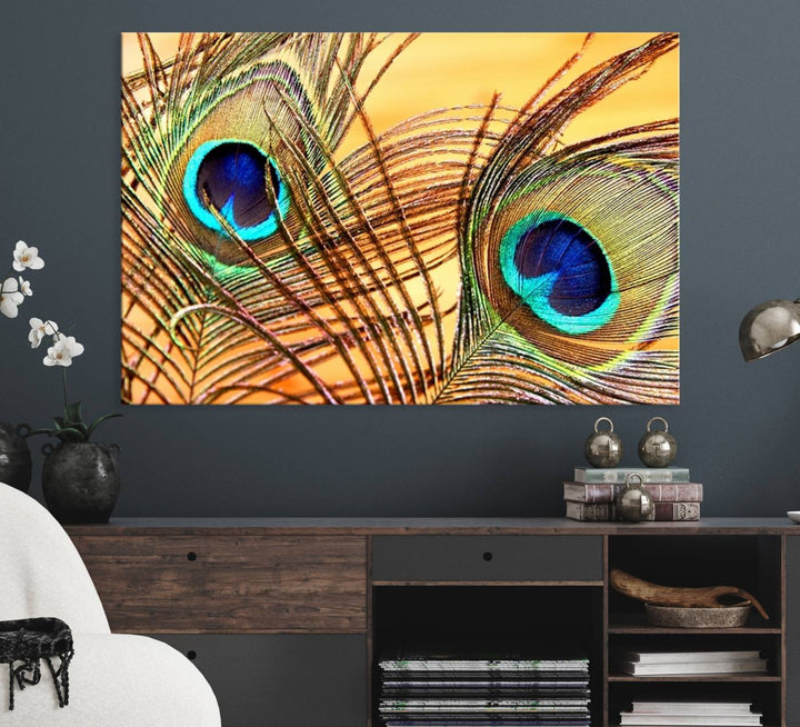 The room features vibrant peacock feather wall art.