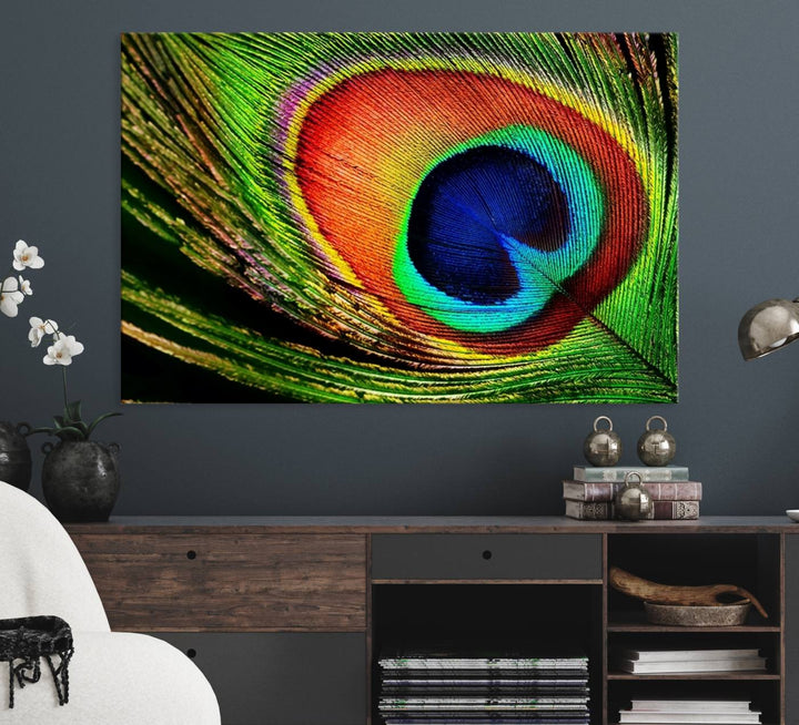 The Colorful Peacock Feather Wall Art Print graces the wall.