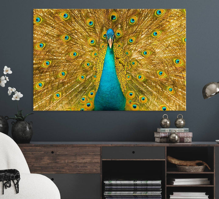 The Peacock Wall Art Canvas Print adorns a bright wall.