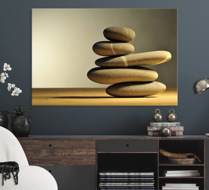 The Yellow Zen Stones on Yellow Background Wall Art is a striking feature in this minimalist kitchen.