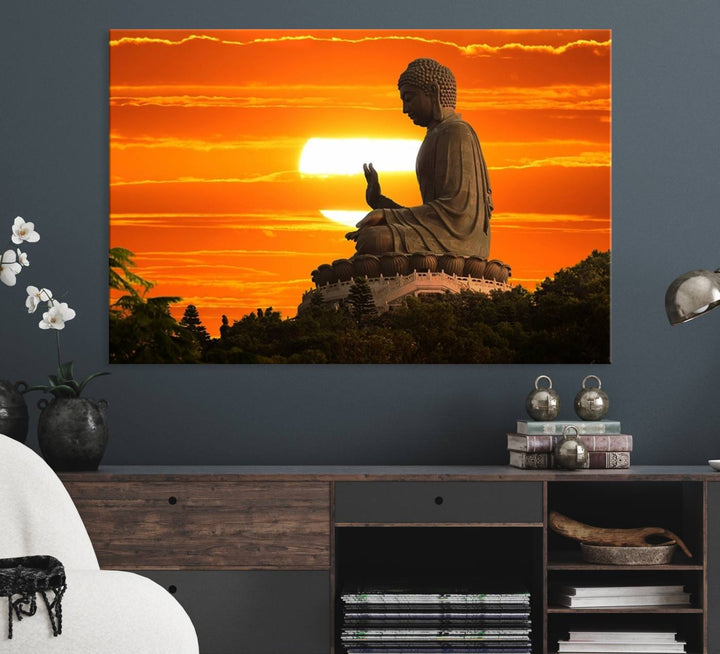 The Buddha Statue at Sunset canvas print adds serenity to the space.