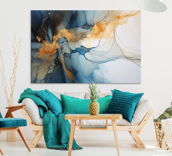 Art mural abstrait bleu marine orange, impression abstraite, impression sur toile abstraite