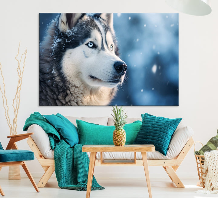 Art mural de loup Husky sibérien d'hiver Impression sur toile