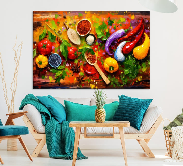 The "Herbs and Spices Culinary Art Foodie Kitchen Art" is a vibrant three-panel painting depicting various vegetables and spices on a wooden background, crafted on museum-quality canvas.