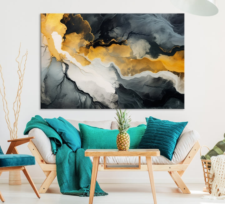 The Smoke Gray Green Golden Abstract Contemporary Art Canvas beautifully enhances a modern living room. Created on museum-quality canvas, this ready-to-hang artwork guarantees longevity and sophistication, perfectly aligning with the contemporary aesthetic.