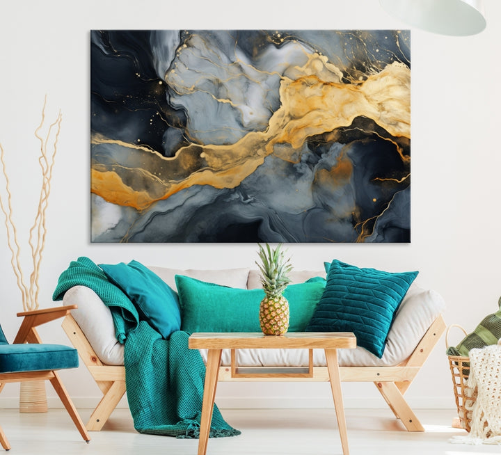 The living room features the Golden Gray Abstract Wall Art Print Contemporary Art Canvas Design, a triptych showcasing gold, black, and gray swirls. Crafted on museum-quality canvas and ready to hang, this piece is designed for elegance and durability.