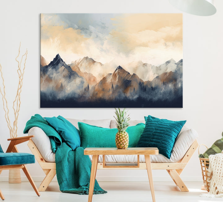 The Extra Large Abstract Mountain Wall Art, printed on museum-quality canvas, creates a stunning triptych. Set against a dark green wall, these ready-to-hang pieces bring an elegant touch to your décor.