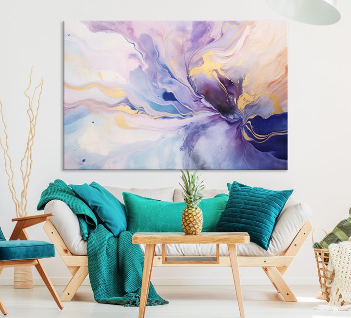 In the modern living room, a captivating Purple Color Abstract Wall Art Print graces the walls, mounted on museum-quality canvas, infusing the space with an artistic flair.