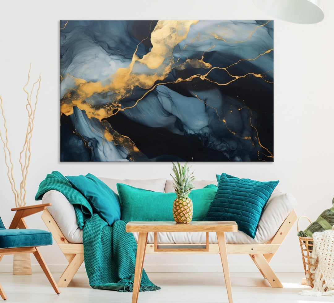 Contemporary artwork print featuring abstract blue and gold swirls on gallery wrapped, museum-quality canvas.