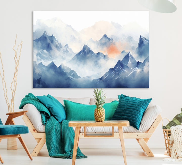 Blue Orange Abstract Mountain Wall Art