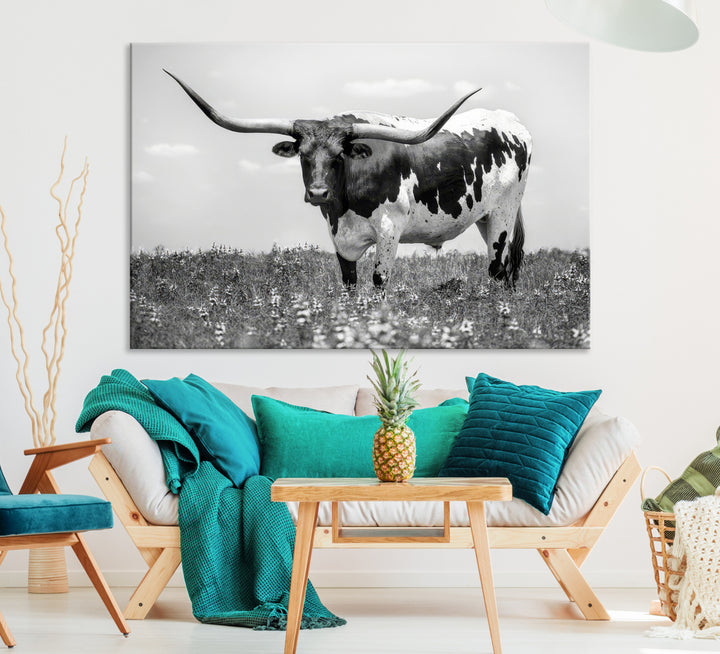 Texas Black White Highland Longhorn Cow Wall Art Canvas Print