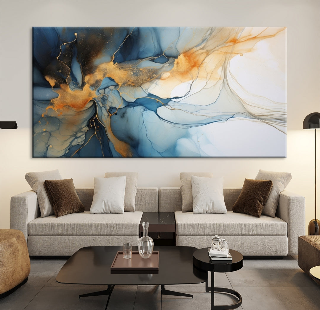 Art mural abstrait bleu marine orange, impression abstraite, impression sur toile abstraite