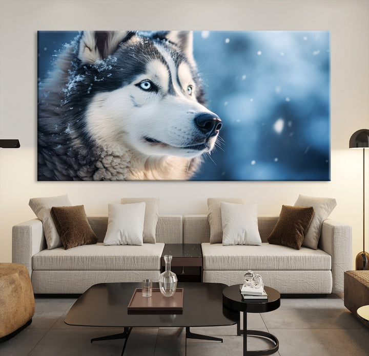 Art mural de loup Husky sibérien d'hiver Impression sur toile