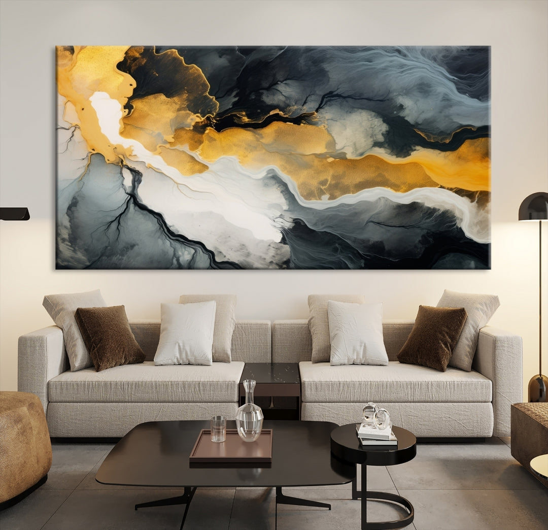 The Smoke Gray Green Golden Abstract Contemporary Art Canvas beautifully enhances a modern living room. Created on museum-quality canvas, this ready-to-hang artwork guarantees longevity and sophistication, perfectly aligning with the contemporary aesthetic.