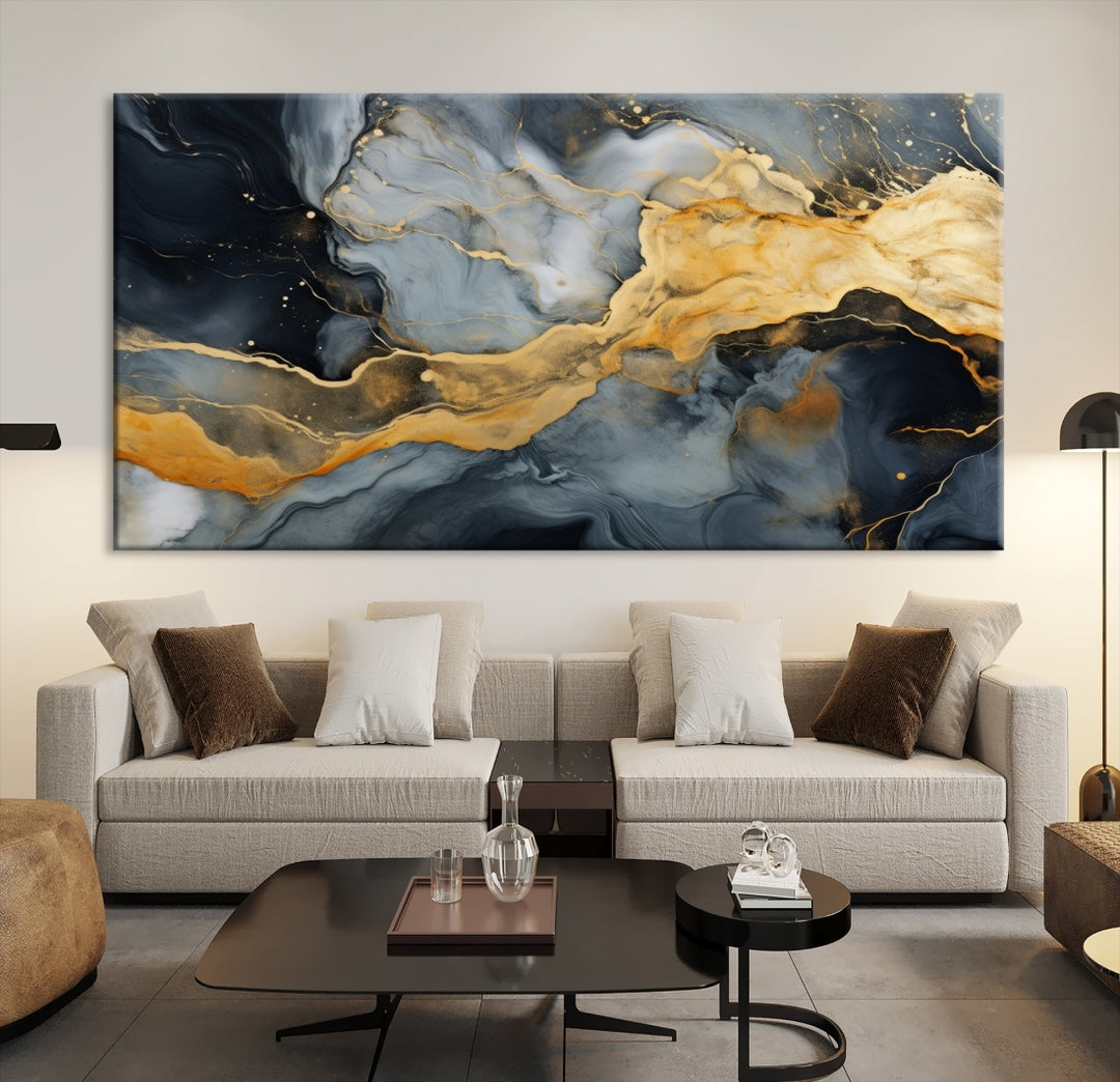 The living room features the Golden Gray Abstract Wall Art Print Contemporary Art Canvas Design, a triptych showcasing gold, black, and gray swirls. Crafted on museum-quality canvas and ready to hang, this piece is designed for elegance and durability.