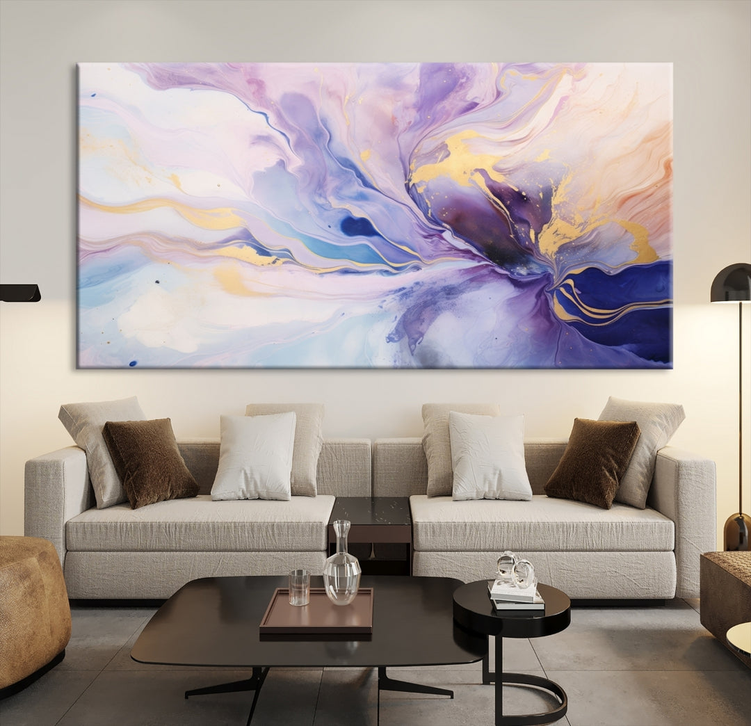 In the modern living room, a captivating Purple Color Abstract Wall Art Print graces the walls, mounted on museum-quality canvas, infusing the space with an artistic flair.