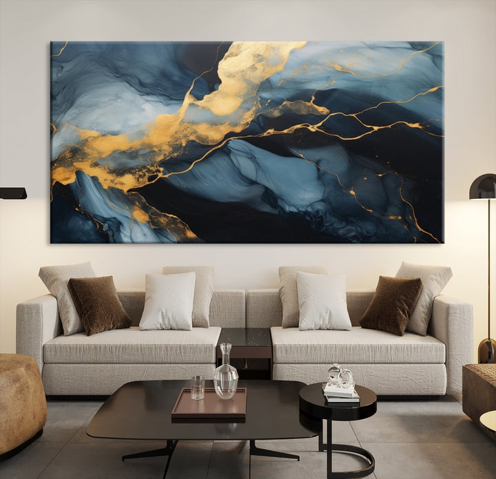 Contemporary artwork print featuring abstract blue and gold swirls on gallery wrapped, museum-quality canvas.