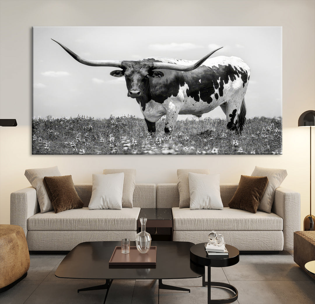 Texas Black White Highland Longhorn Cow Wall Art Canvas Print