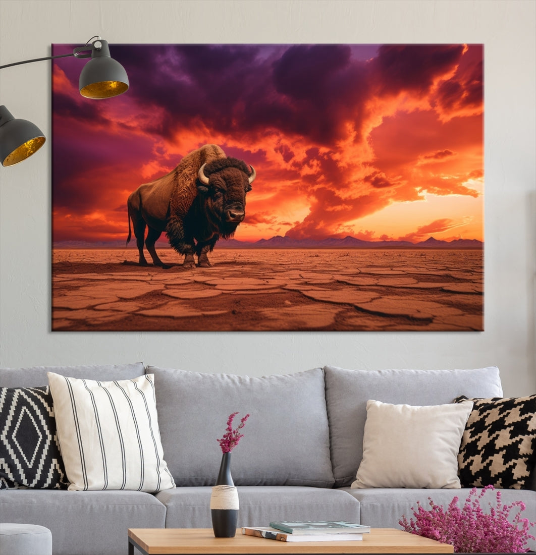 Alone Buffalo on Red Sunset Wall Art Canvas Print